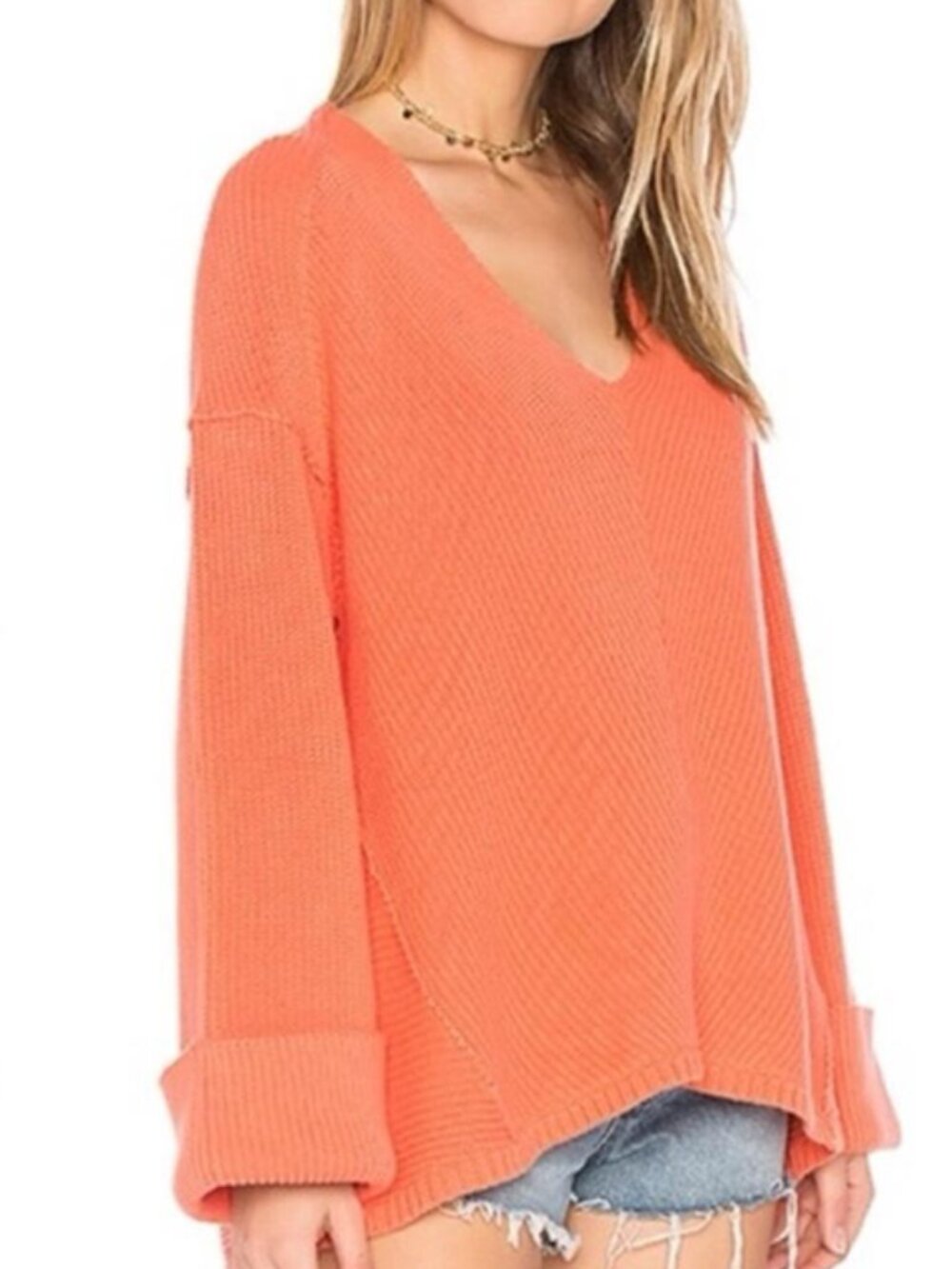 Free People La Brea Sweater Slouchy V Neck Rib Knit Oversized 100% Cotton Coral